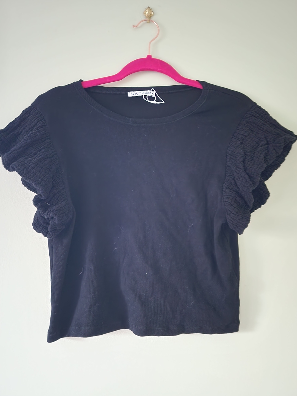 Zara Black Short Sleeve Tee with Ruffled Sleeves
